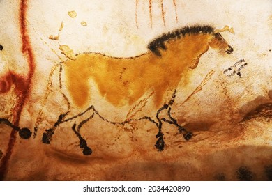 Lascaux, France - August 6, 2121: Prehistoric horse depicted in Lascaux caves