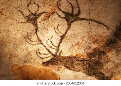 Lascaux, France - August 6, 2121: Prehistoric Stag Depicted In Lascaux Caves