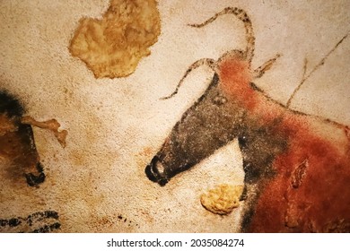Lascaux, France - August 6, 2121: Prehistoric ox depicted in Lascaux caves
