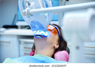 Laser Bleaching Teeth In Clinic. Teeth Whitening For Patient. Whitening Of Teeth At Dentist Clinic.