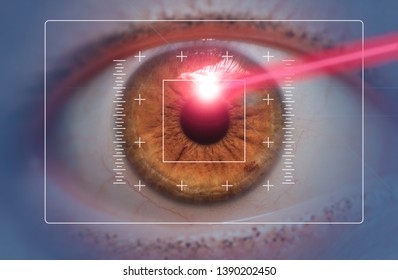 laser eye surgery concept, red laser beam hitting amber eyes
