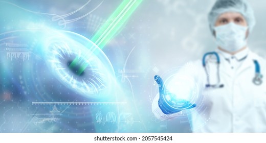 Laser eye surgery, human eye hologram and laser beam, the doctor performs the operation. The concept of eye surgery, catheract, ostegmatism, modern ophthalmologist