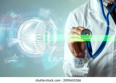Laser eye surgery, human eye hologram and laser beam, the doctor performs the operation. The concept of eye surgery, catheract, ostegmatism, modern ophthalmologist