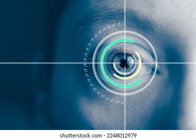 laser and glaucoma eye surgery concept, close up of eye with reticle  or target overlay; also useful for conveying lasik procedures