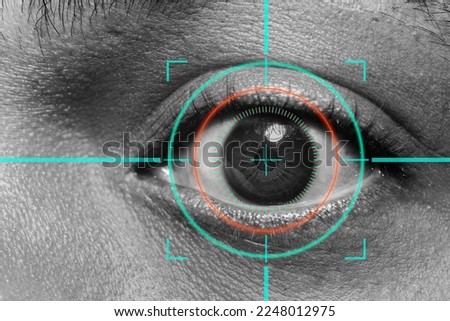 laser and glaucoma eye surgery concept, close up of eye with reticle  or target overlay; also useful for conveying lasik procedures
