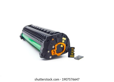 Laser Printer Toner Cartridge And Reset Chip Isolated On White Background