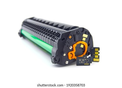 Laser Printer Toner Cartridge And Reset Chip Isolated On White Background