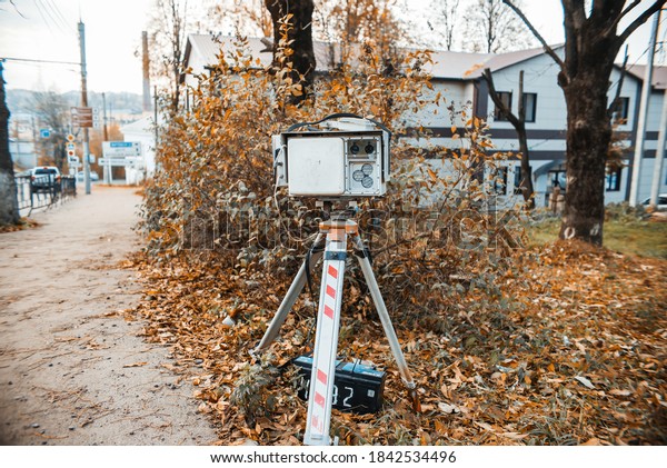 Laser radar measuring vehicle speed. Traffic\
police camera of photo and video fixation on a tripod. 10.27.2020\
Smolensk. Russia