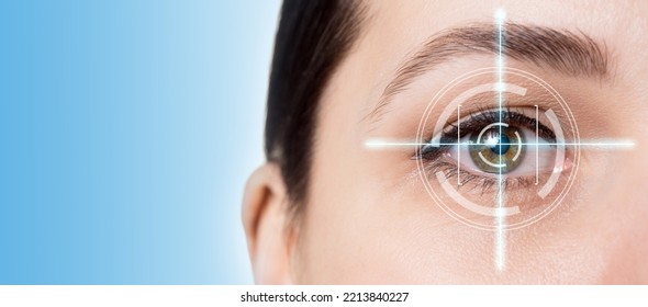 Laser Scanning Of Female Eye On Blue Background, Close Up. Biometrics, Identification, ID Access, Data, Control, Eyesight, Data Collection, Security, Bio Tech, Vision Correction Concept.