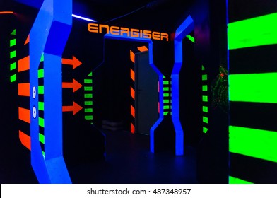 Laser tag play arena with fluorescent paint, energiser room 