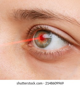 Laser vision correction. Close-up of a female eye with a red laser beam aimed at the pupil. Ophtalmology concept