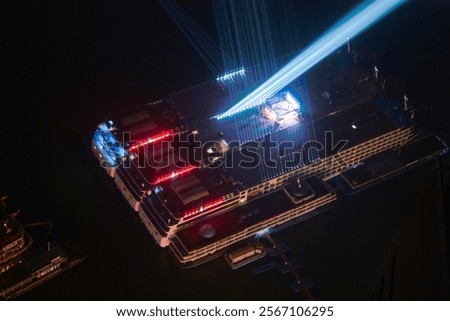 Lasers and light beams from ship in the yangtze river