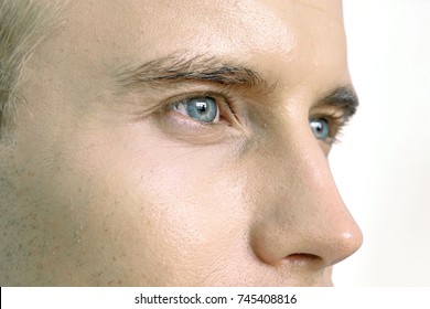 Lasik , Contact Lens ,  Eye Diseases Concept. Close Up Of Male Face , Eyes And Nose.