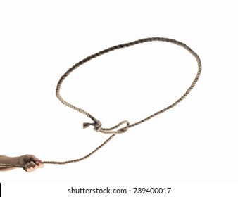 A Lasso Loop In The Hands Of A Person, Close-up On Isolated White Background.