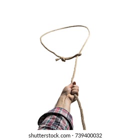 A Lasso Loop In The Male Hands , Close-up On Isolated White Background.