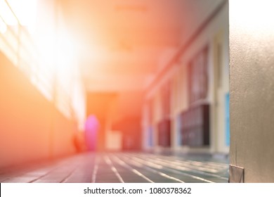 Last Day Of School Or Back To School Concept. Blur Empty Hallway In Front Of Classroom Without Student.