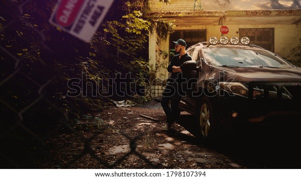 The last man on earth stands near an\
abandoned car after the virus pandemic. Hazard warning signs around\
the virus zone. concept art\
apocalypse.