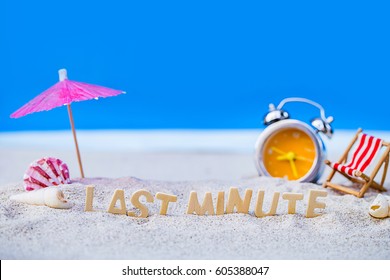 last minute to count down for travel metaphor by old retro clock on sand beach ,abstract background to time for summer vacation or travel vacation concept.