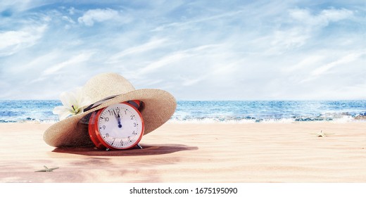 Last Minute Travel Offer With Alarm Clock On The Beach, Summertime Background 3D Rendering