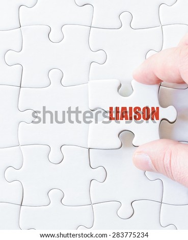 Last puzzle piece with word LIAISON as Business Concept for teamwork, synergy, collaboration