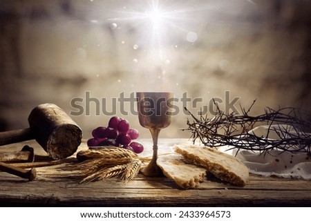 Last Supper Of Jesus With Passion Objects - Communion And Calvary - Holy Grail And Bread With Crown Of Thorns
