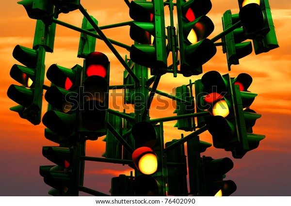 Last traffic light in Eilat (Israel) on the\
colorful sunset background. Eilat is a city without traffic lights.\
Instead of them - the squares. And it is a photo of the last\
traffic light of a city.