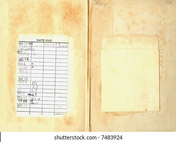 Last Two Pages Of A Vintage Library Book With Due Date Card Glued To One Side And The Card Pouch On The Other.  The Paper Is Worn, Stained, And Yellowed.