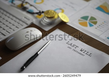 Last Will and Testament Document Next to Financial Charts, Computer Mouse, Pen, and Cryptocurrency Coins