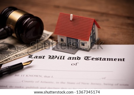 Last will and testament form with gavel. Decision, financial close up