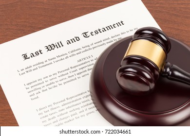 Last will and testament on yellowish paper with wooden judge gavel; document is mock-up