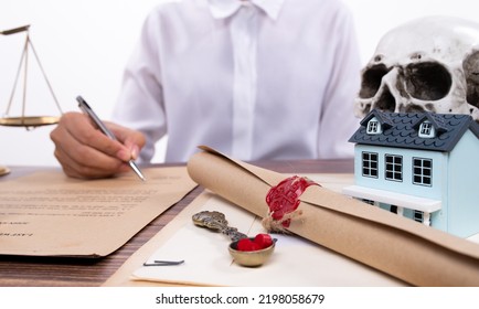 Lastwill Inheritance Document Contract Is Approved By Lawyer To Seal Wax And Stamp Approval To Finance And Separate Asset By Justice Law Notary. They Allocate Insurance Money Real Estate. Copy Space