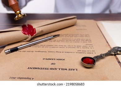 Lastwill Inheritance Document Contract Is Approved By Lawyer To Seal Wax And Stamp Approval To Finance And Separate Asset By Justice Law Notary. They Allocate Insurance Money Real Estate. Copy Space