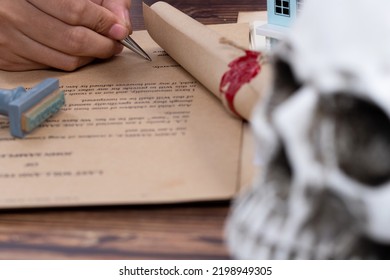 Lastwill Inheritance Document Contract Is Approved By Lawyer To Seal Wax And Stamp Approval To Finance And Separate Asset By Justice Law Notary. They Allocate Insurance Money Real Estate. Copy Space