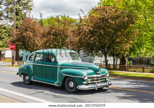 Latah, Washington, USA. May 24, 2021. A\
vintage Plymouth Super De Luxe\
automobile.