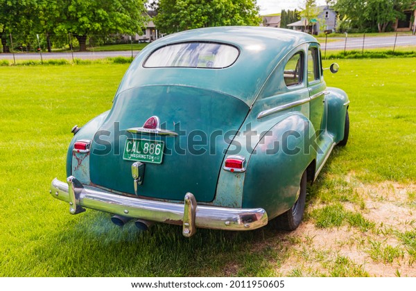 Latah, Washington, USA. May 24,\
2021. Rear view of a vintage Plymouth Super De Luxe\
automobile.