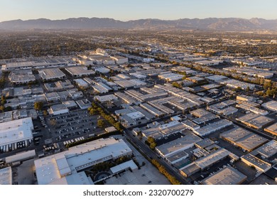 Late afternoon aerial view of industrial buildings in the Van Nuys area of Los Angeles, California.