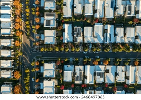 Late afternoon aerial view of streets with autumn leaves lined with similar sized modern Australian homes in Sydney's rapidly growing outer suburbs.