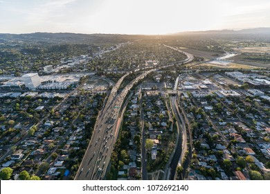 Late afternoon aerial view of Ventura 101 Freeway near Sepulveda Blvd in the San Fernando Valley area of Los Angeles, California.