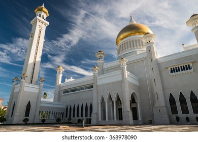 Late afternoon over Bandar Seri Begawan, Brunei, standing in the courtyard of the Sultan Omar Ali Saifuddin Mosque.