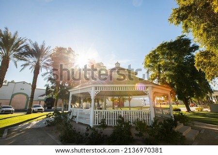 Late afternoon view of a public park in downtown Indio, California, USA.