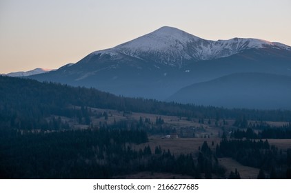 Late autumn mountain countyside sunset scene. Picturesque traveling, seasonal, nature and countryside beauty concept scene. Carpathians, Ukraine. - Shutterstock ID 2166277685
