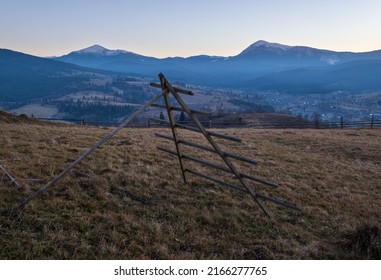 Late autumn mountain countyside sunset scene. Picturesque traveling, seasonal, nature and countryside beauty concept scene. Carpathians, Ukraine. - Shutterstock ID 2166277765