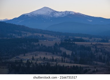 Late autumn mountain countyside sunset scene. Picturesque traveling, seasonal, nature and countryside beauty concept scene. Carpathians, Ukraine. - Shutterstock ID 2166731517