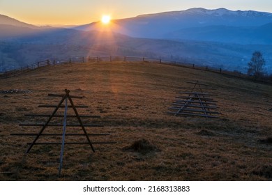 Late autumn mountain countyside sunset scene. Picturesque traveling, seasonal, nature and countryside beauty concept scene. Carpathians, Ukraine. - Shutterstock ID 2168313883