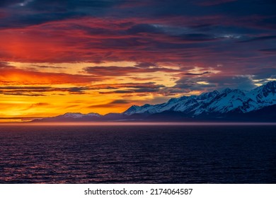 Late Evening Sunset On Panorama Of Mountains And Mount Fairweather By Glacier Bay National Park In Alaska