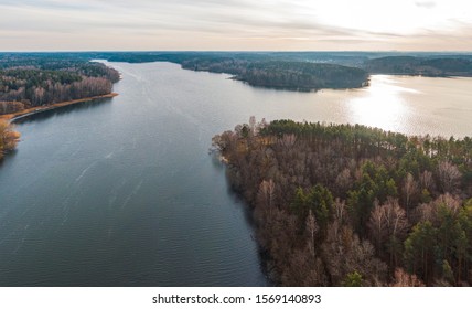 Late Fall. River And Forest. Shot On A Drone