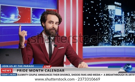 Late night show host on live television presenting hot daily topics and latest celebrities scandals. Man broadcasting reportage about famous people, international tv network content.