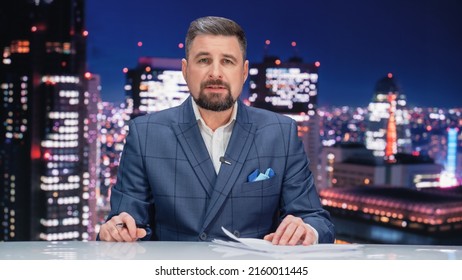 Late Night TV Talk Show Live News Program: Charismatic Male Anchor Presenter Reporting. Television Cable Channel Anchorman Host Talks. Network Broadcast Newsroom Studio Mockup.