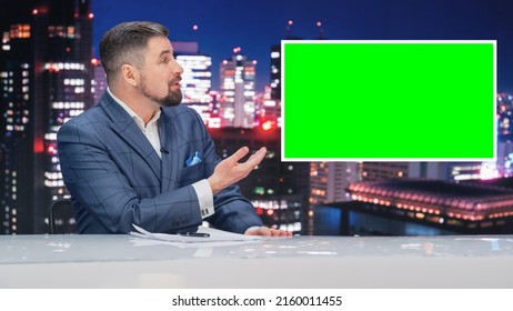 Late Night TV Talk Show Live News Program: Anchorman Presenter Reporting, Uses Green Screen Template. Television Cable Channel Anchorman Host Talks. Network Broadcast Newsroom Studio Mockup.