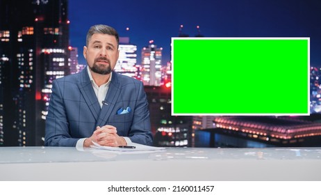 Late Night TV Talk Show Live News Program: Anchorman Presenter Reporting, Uses Green Screen Template. Television Cable Channel Anchorman Host Talks. Network Broadcast Newsroom Studio Mockup.